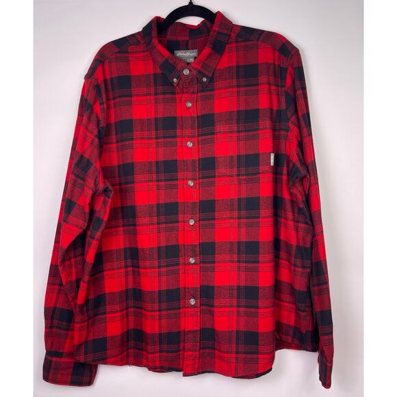 Eddie Bauer Red Black Plaid Flannel Button Up Shirt Men’s 2XL - Picture 1 of 8
